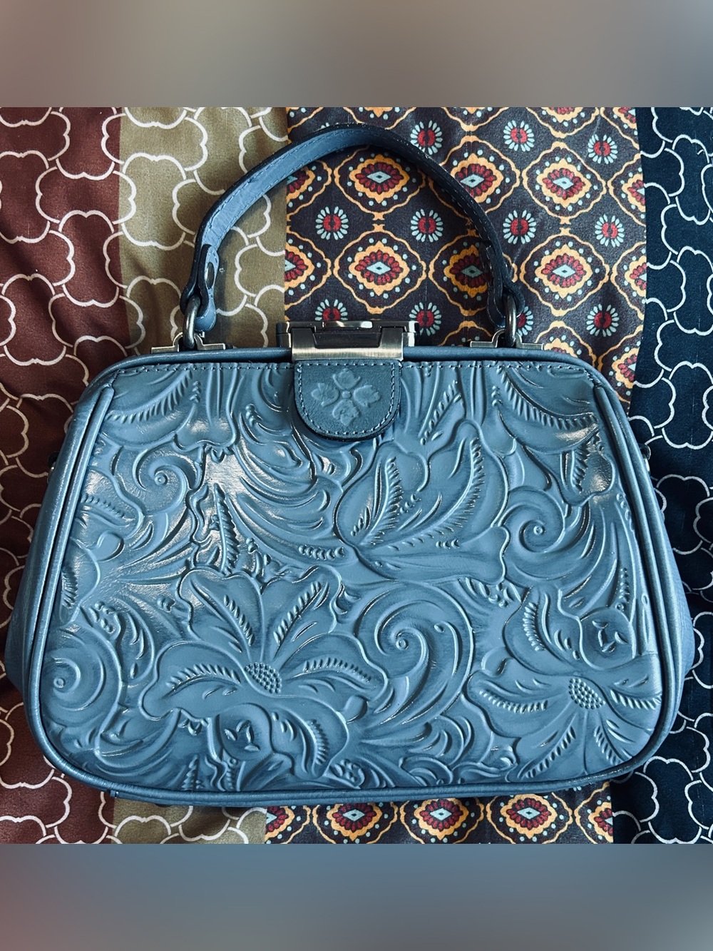 Patricia Nash Gracchi Tooled Leather Frame Satchel P384244 Safflower Blue
